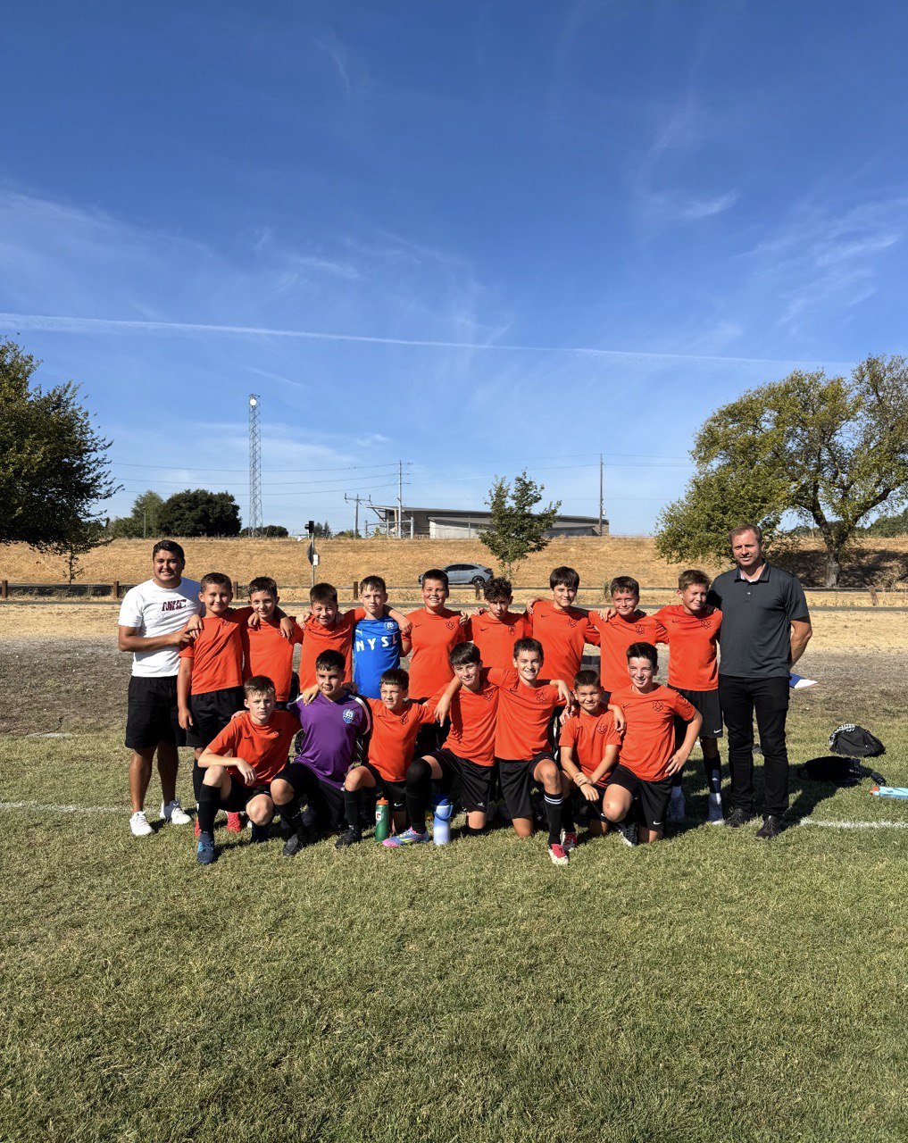 Coaches working with young soccer players on the field